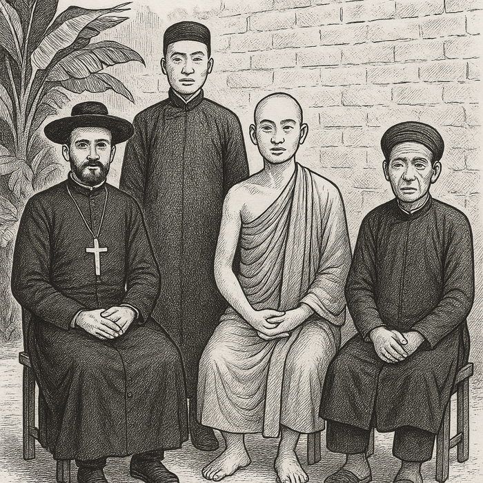 Dessin noir et blanc représentant quatre hommes incarnant le catholicisme, le confucianisme, le bouddhisme et l’animisme au Tonkin, chacun reconnaissable à sa tenue traditionnelle.