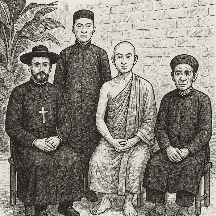 Dessin noir et blanc représentant quatre hommes incarnant le catholicisme, le confucianisme, le bouddhisme et l’animisme au Tonkin, chacun reconnaissable à sa tenue traditionnelle.